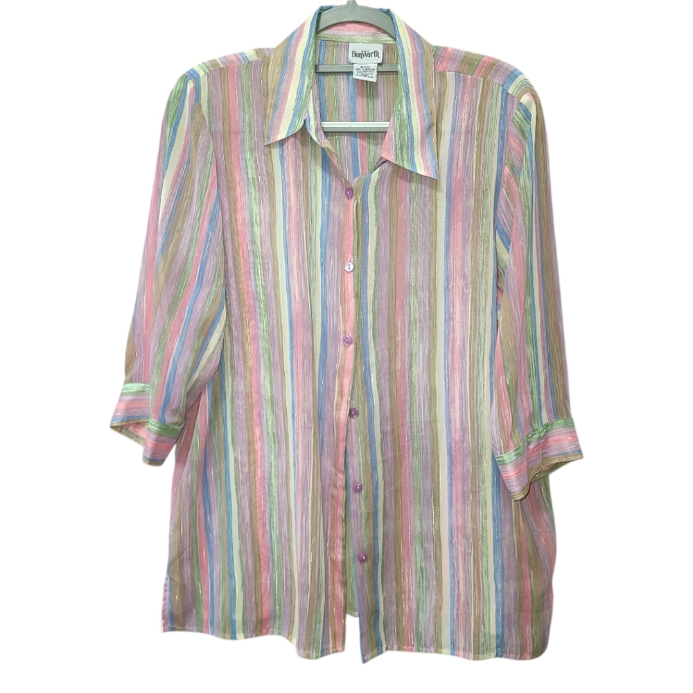 BonWorth Semi Sheer Pastel‎ Multicolor Button Down Shirt Womens M style 31212